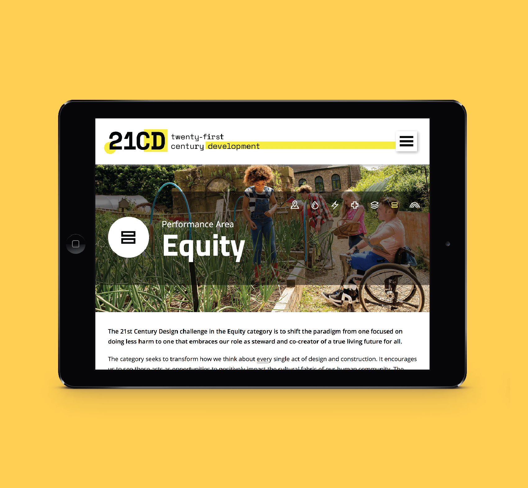 21st Century Design website equity page shown on an ipad