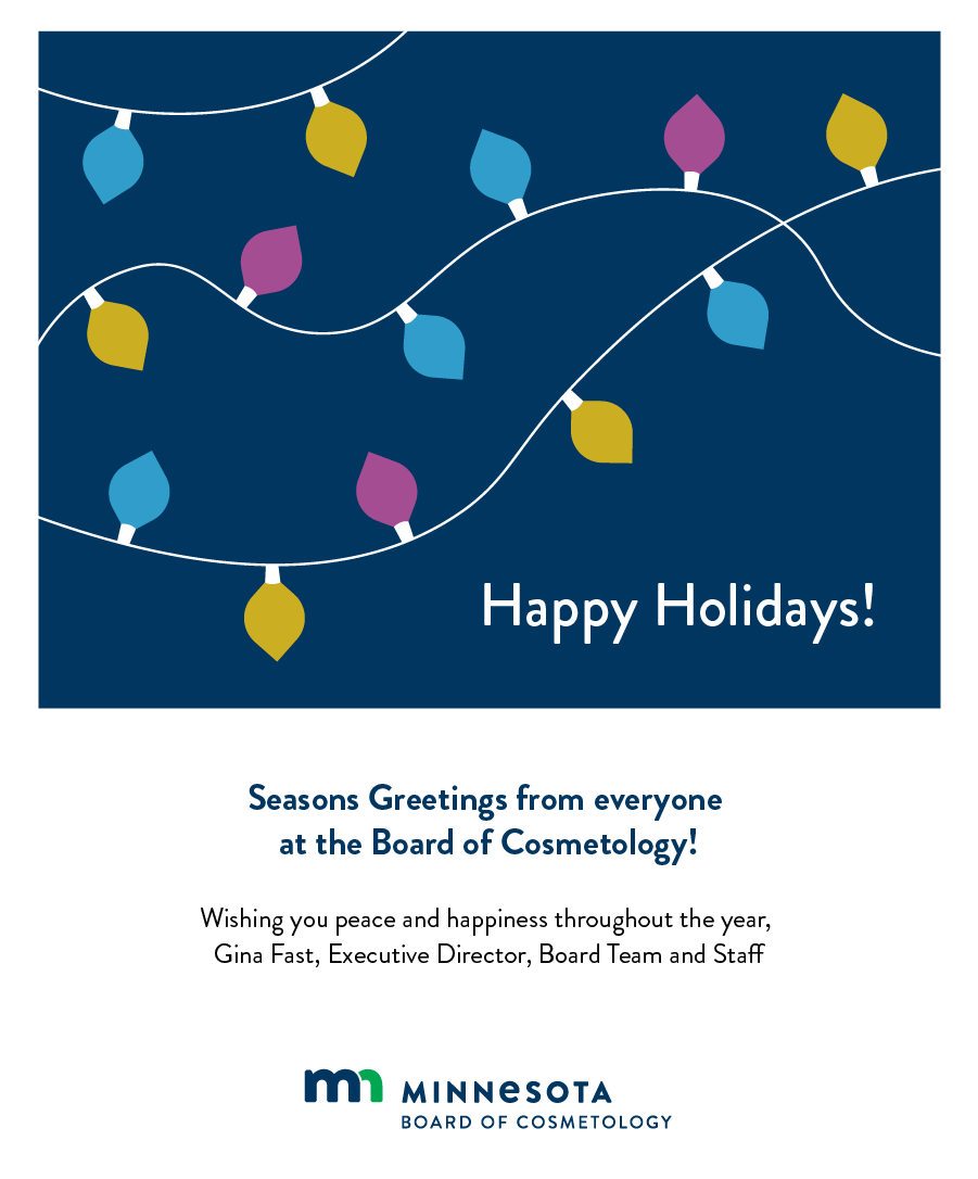 Minnesota Board of Cosmetology sample holiday email with holiday lights animation
