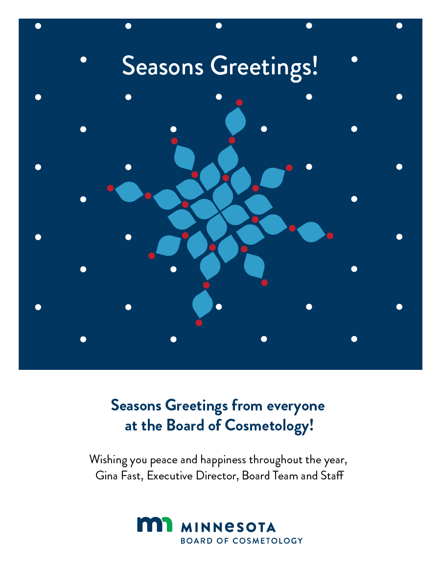 Minnesota Board of Cosmetology sample holiday email with snowflake animation