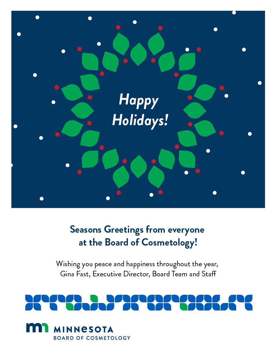 Minnesota Board of Cosmetology sample holiday email with wreath animation