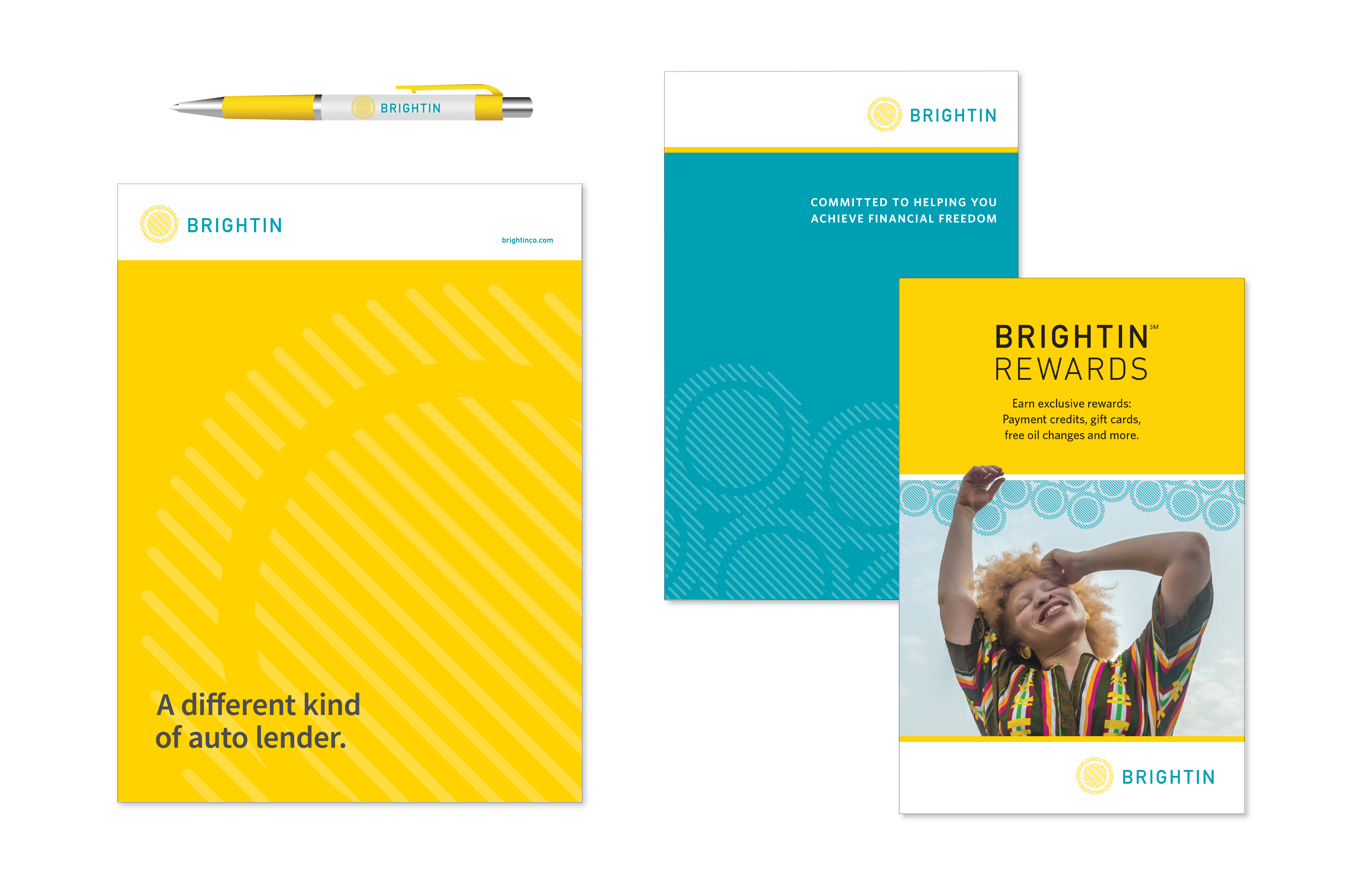 Cover design of Brightin folders and brochure. Brightin pen. 