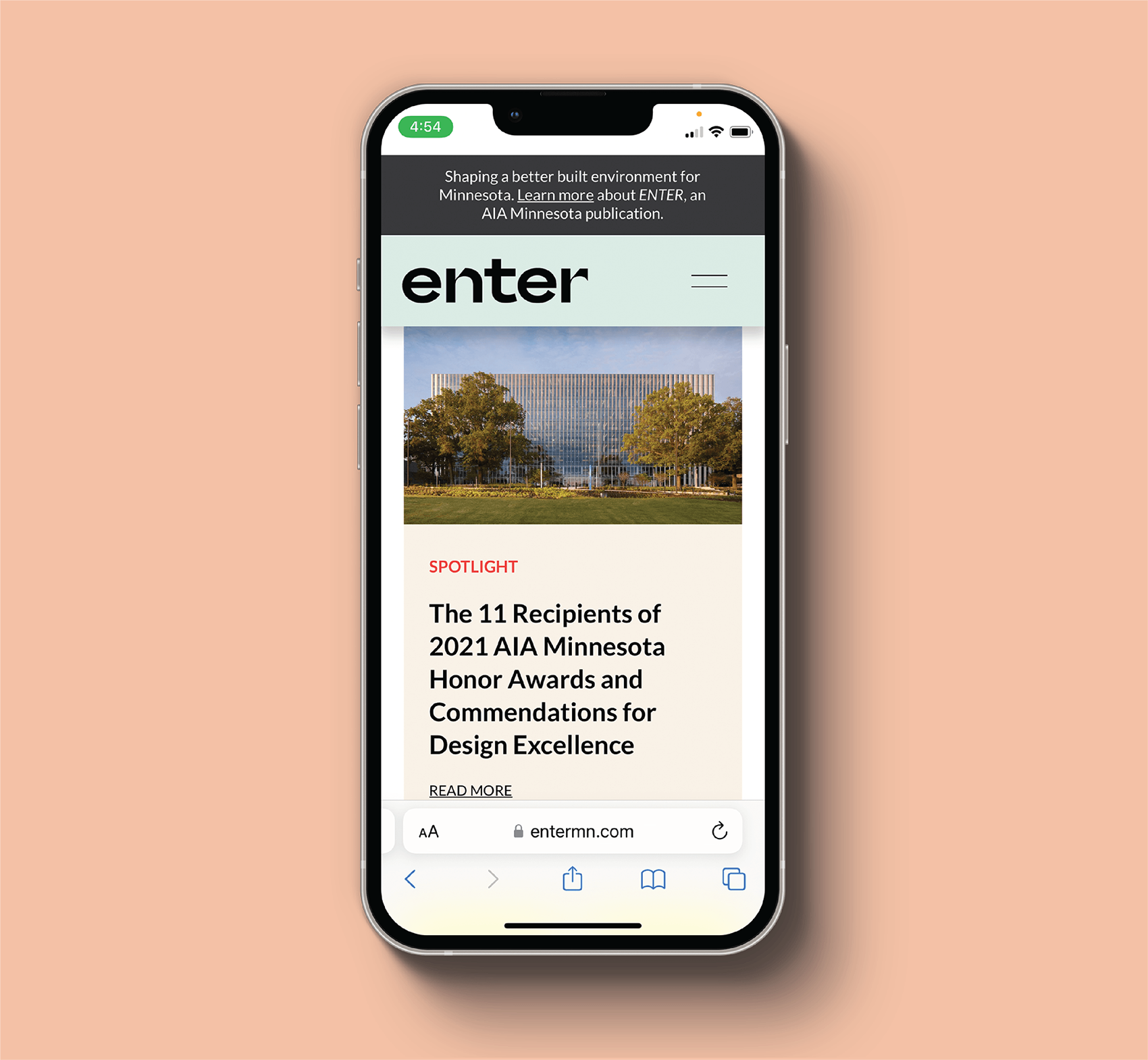ENTER website shown on an iphone