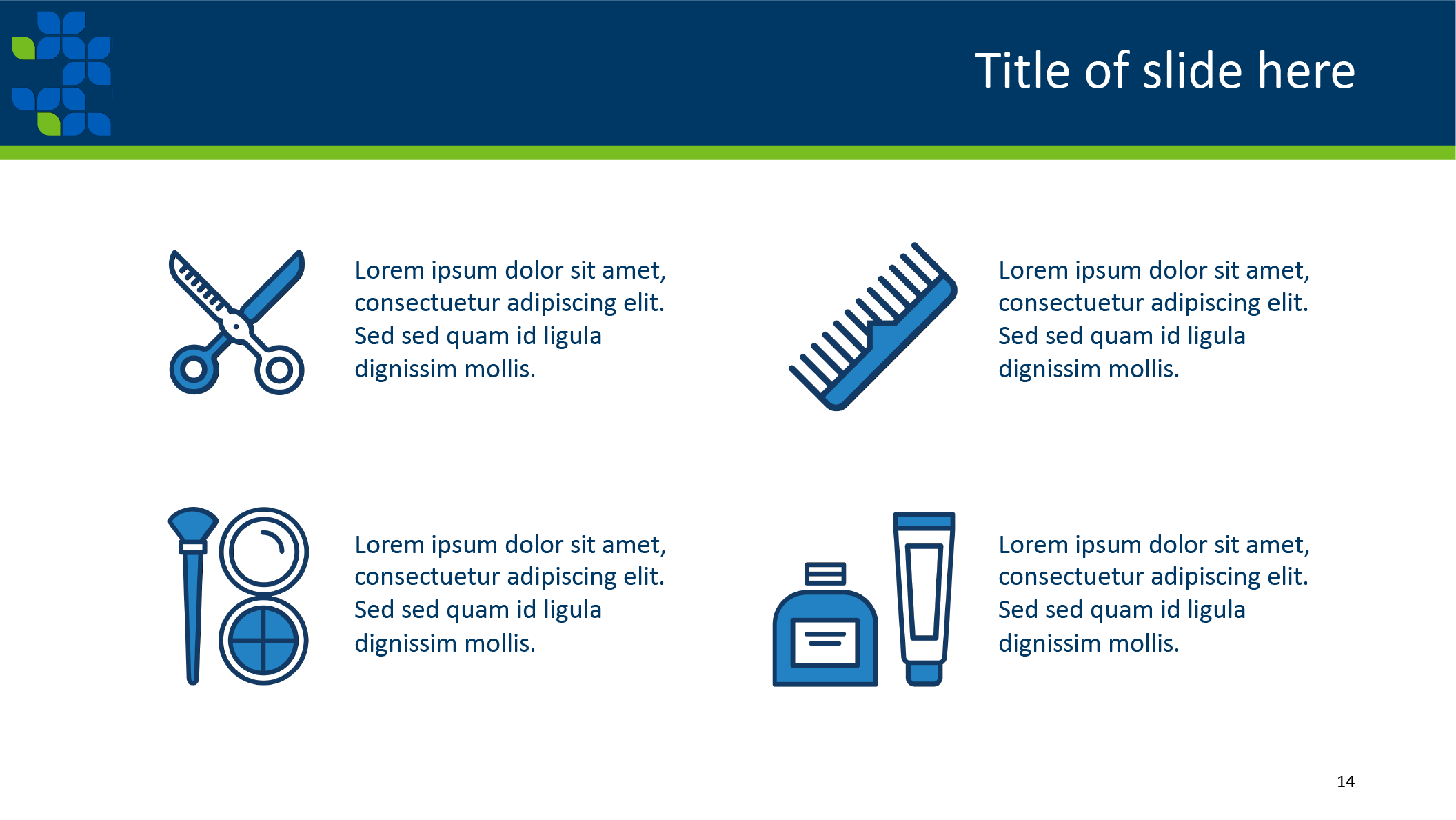 Minnesota Board of Cosmetology powerpoint sample text slide with scissors, comb and product icons