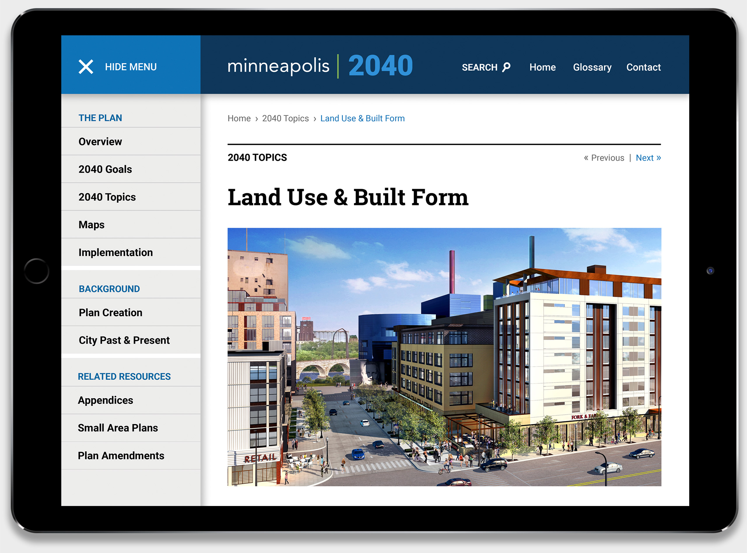 Minneapolis 2040 Land Use page on an ipad