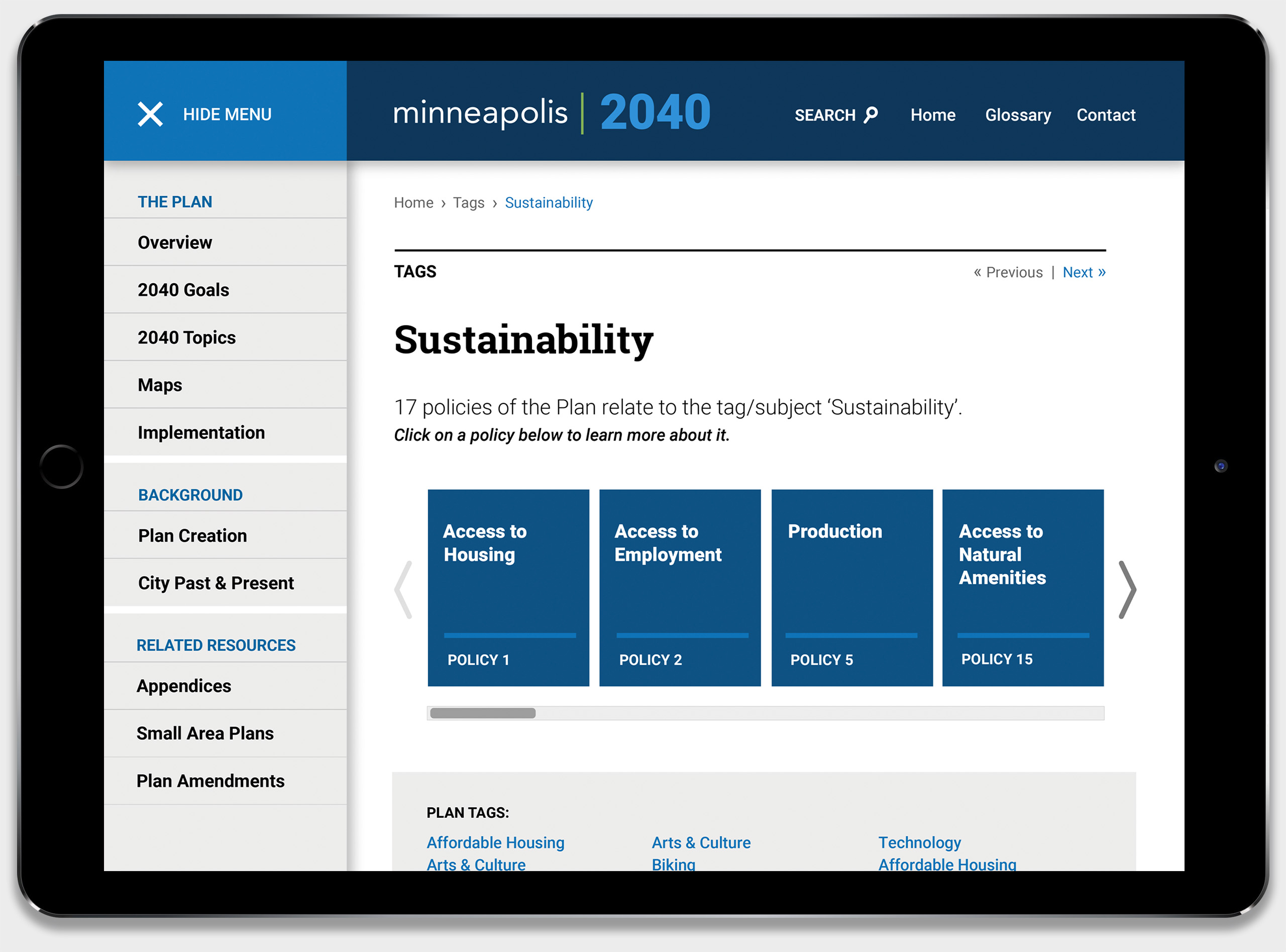Minneapolis 2040 Sustainability page on an ipad