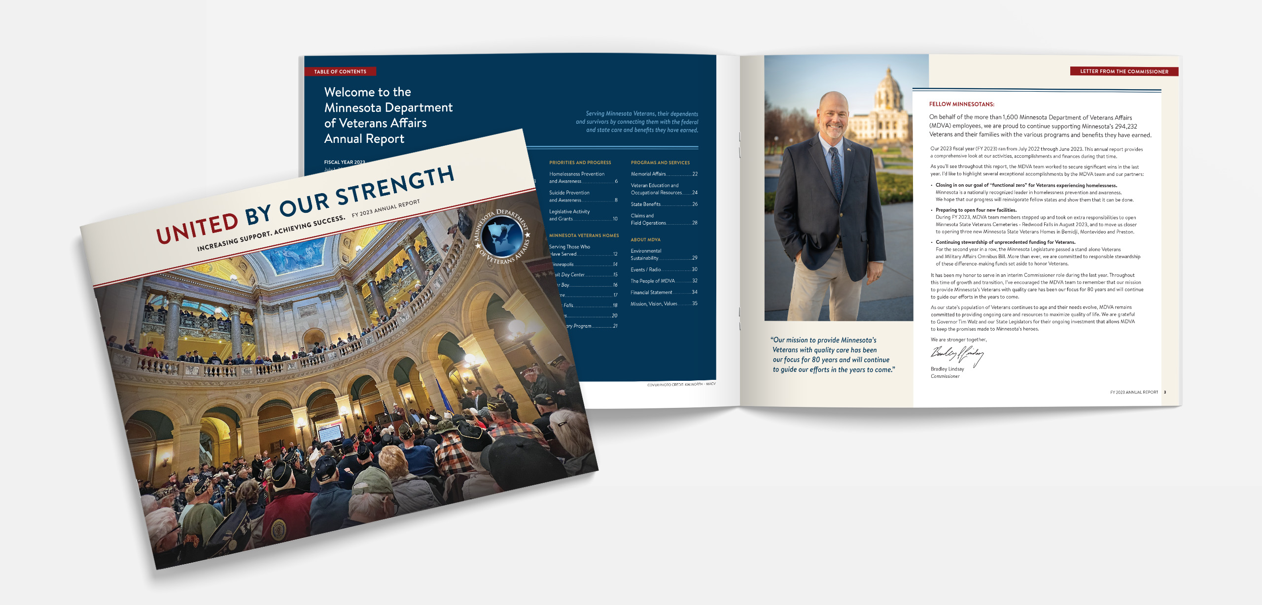 Annual report cover, table of contents and letter from the Commissioner. Cover features veterans gathered in the Minnesota Capital building.