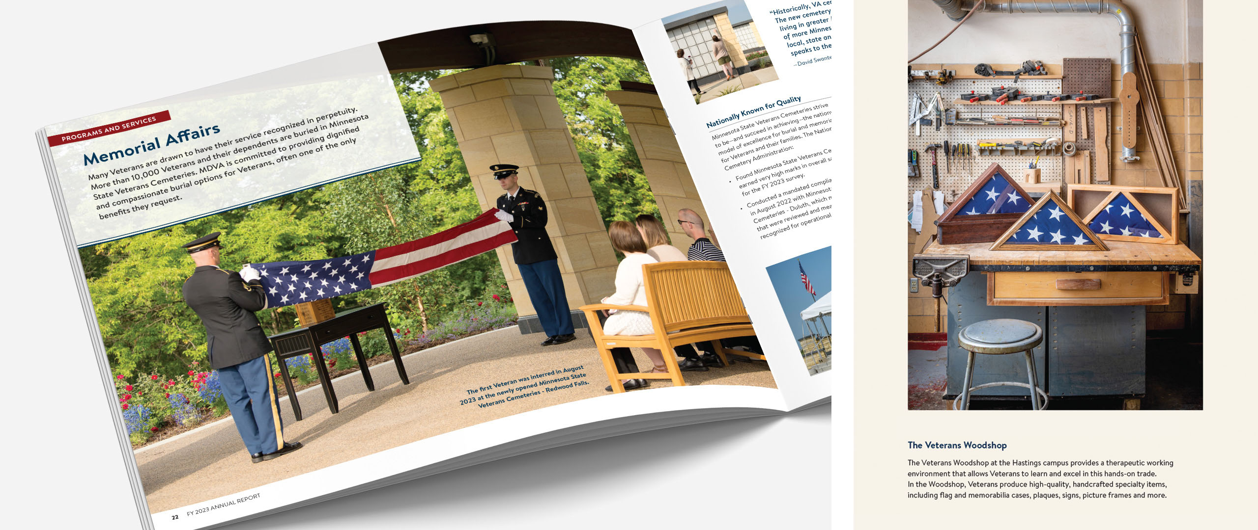 Report spread featuring MDVA memorial affairs activities and veterans woodshop.