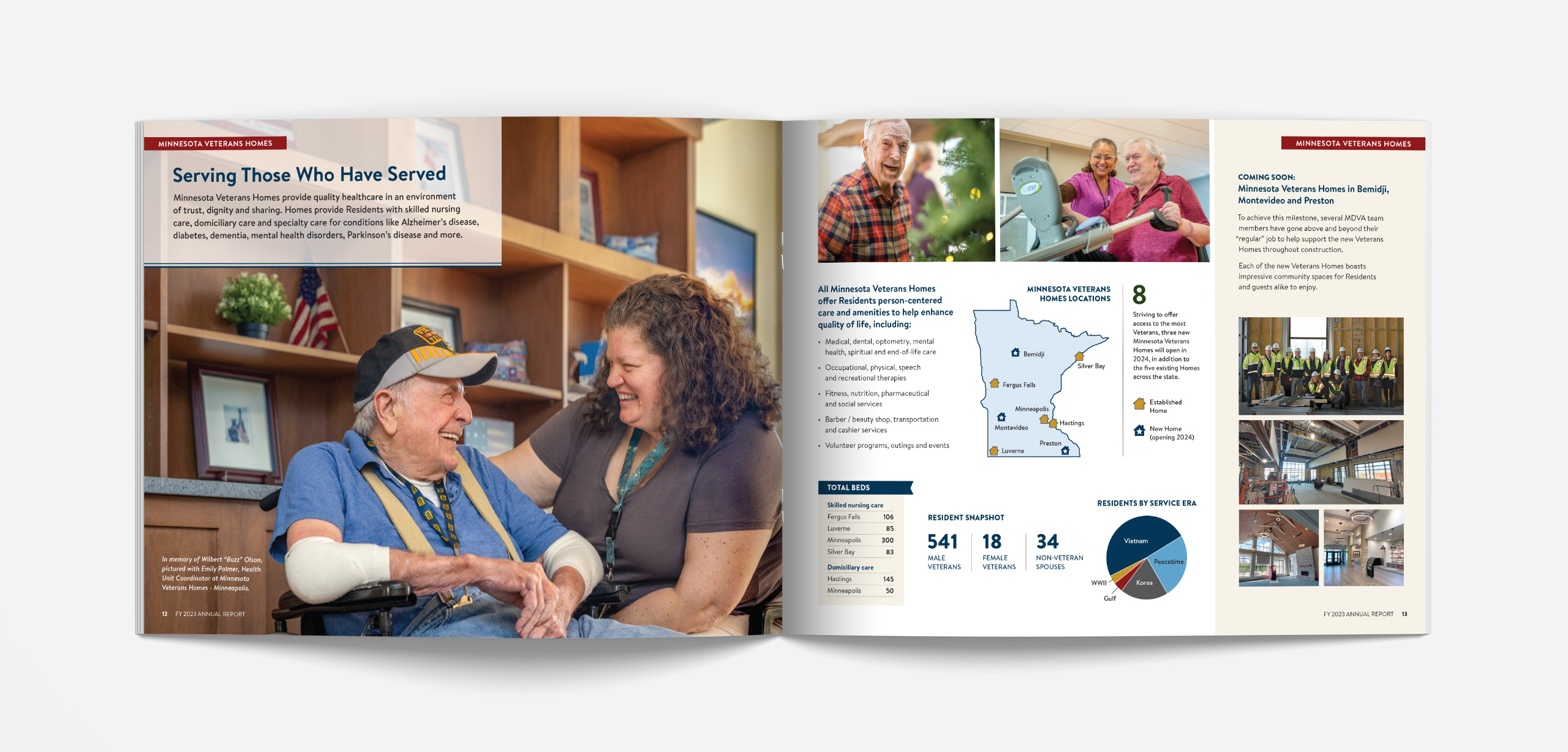 Report spread featuring veterans' homes residents and staff.