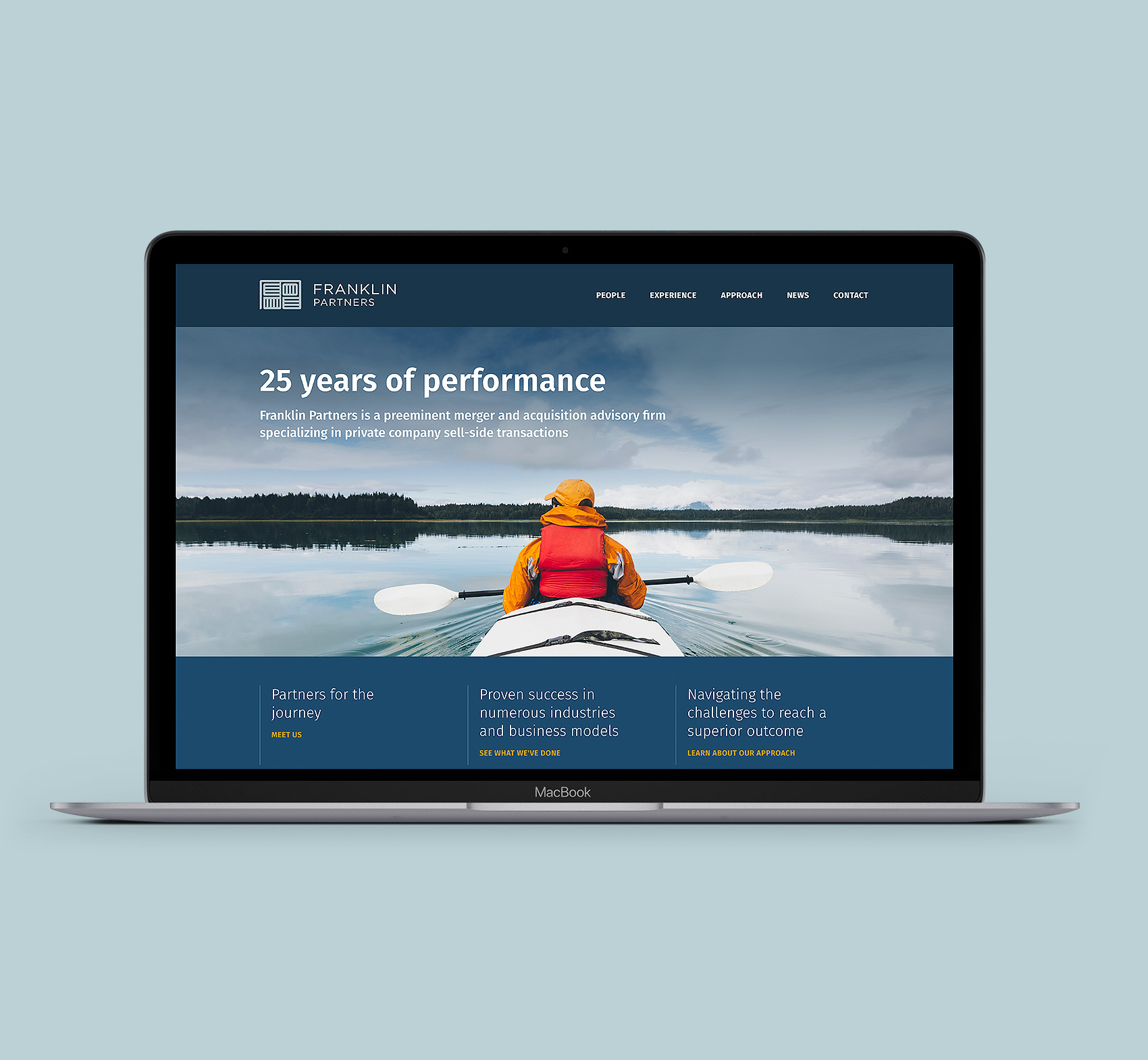 Franklin Partners website homepage. Person in a kayak looks over a lake. The headline reads 