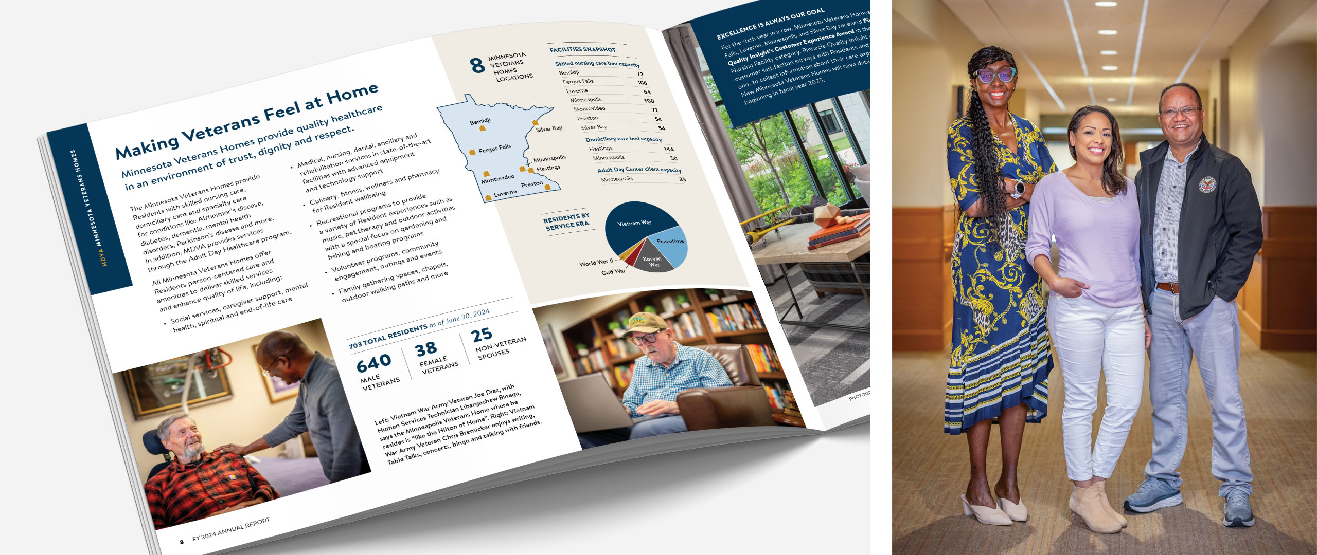 Report spread and photography featuring residents and staff of Minnesota Veterans Homes.