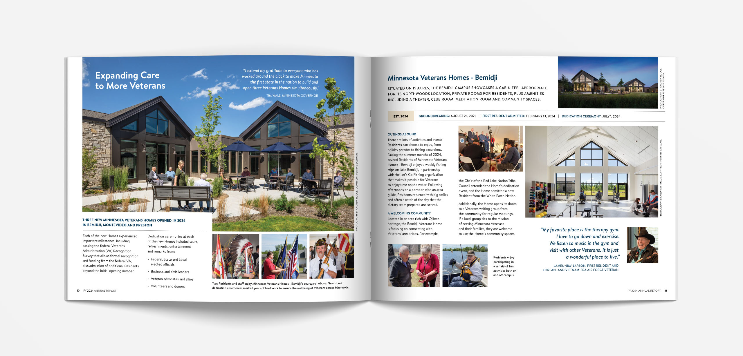 Report spread featuring the opening of three new Minnesota Veterans Homes.